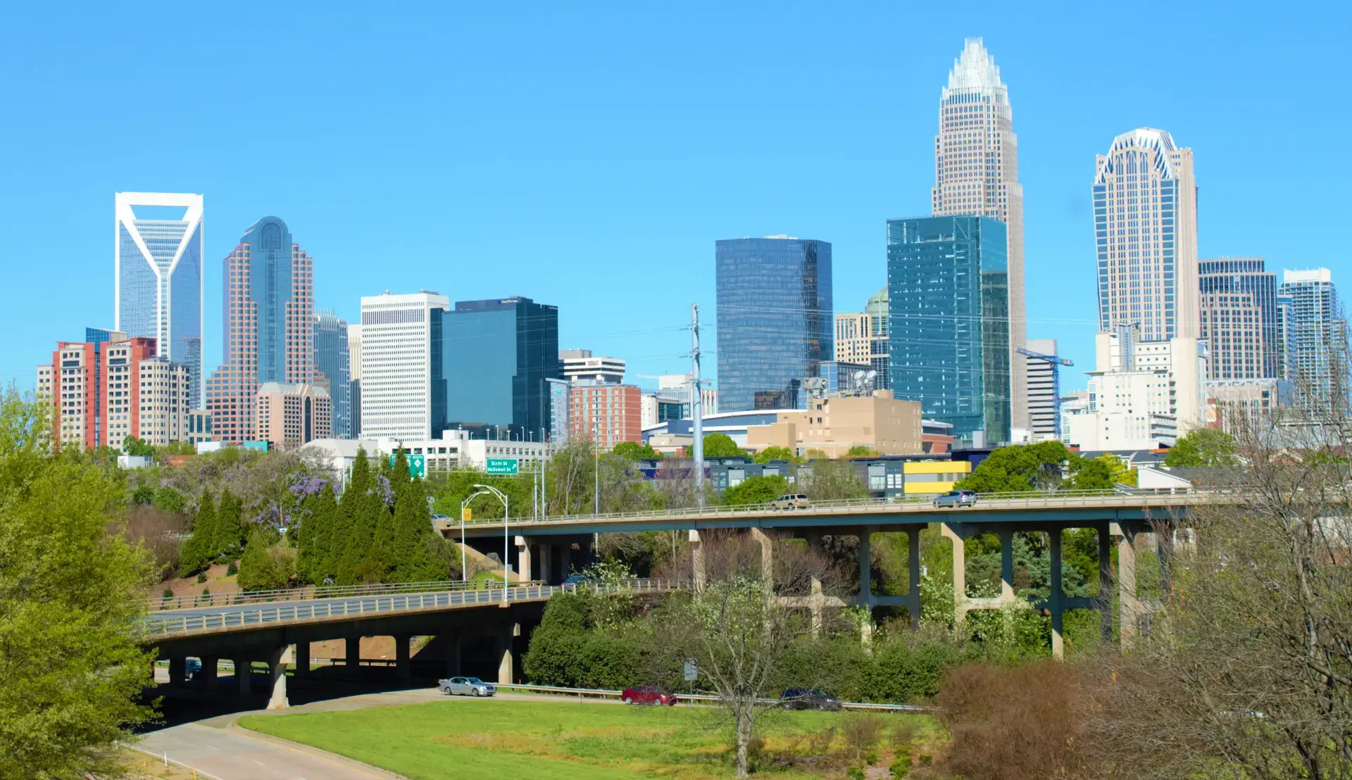 Uptown Charlotte, NC skyline with the Bank of America Corporate Center on a clear day