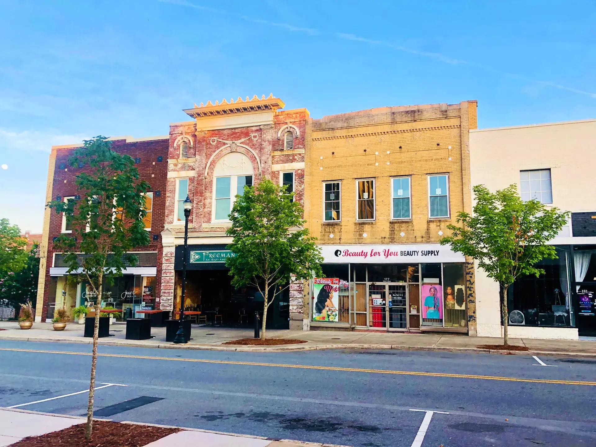 Restored historic brick storefronts in downtown Gastonia, NC