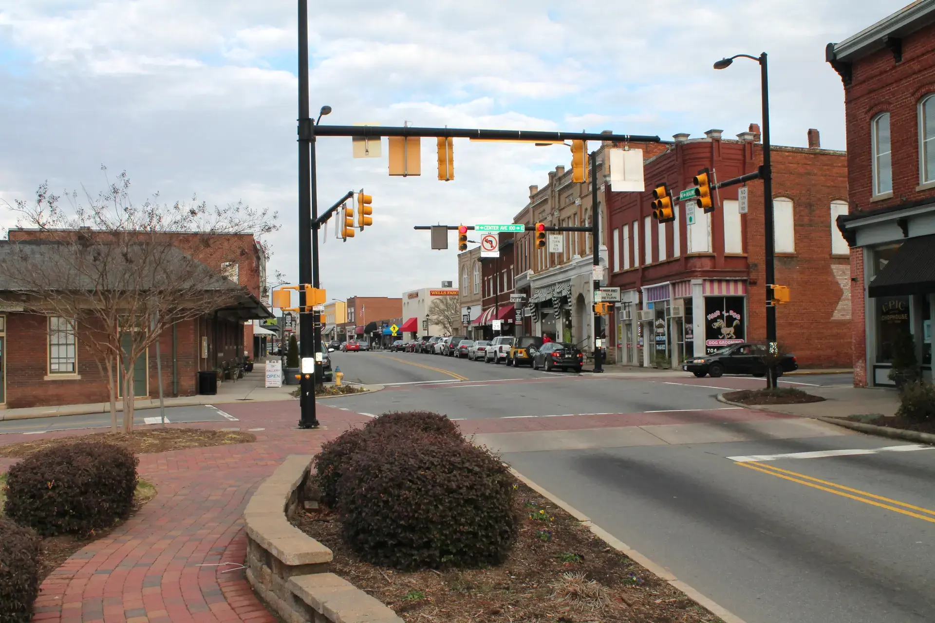 Main Street in the historic downtown of Mooresville, NC, beside the old rail depot