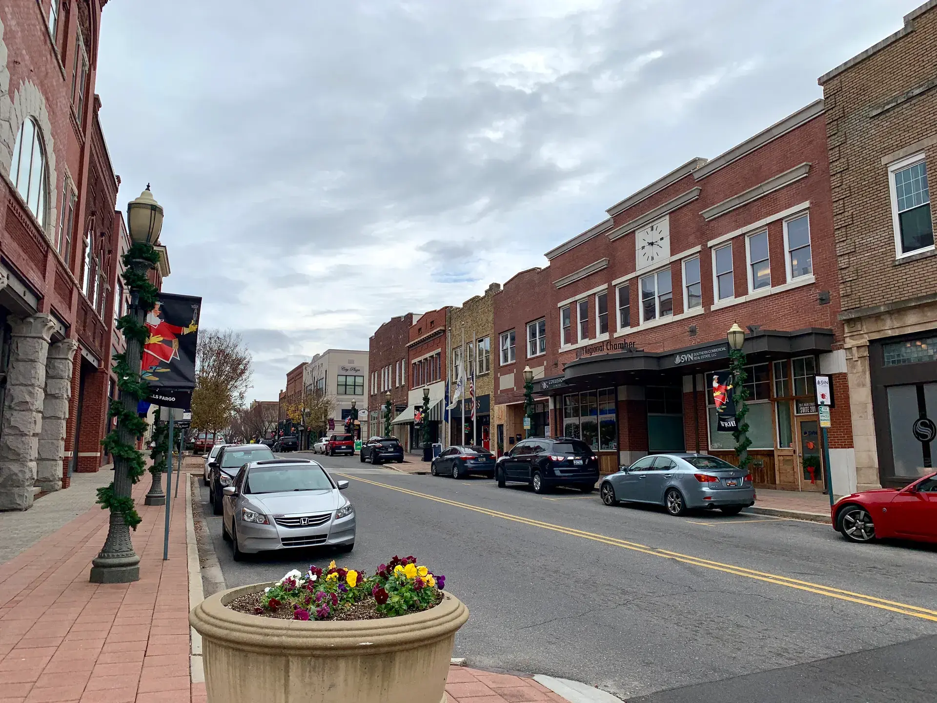 Historic brick storefronts along Main Street in downtown Rock Hill, SC