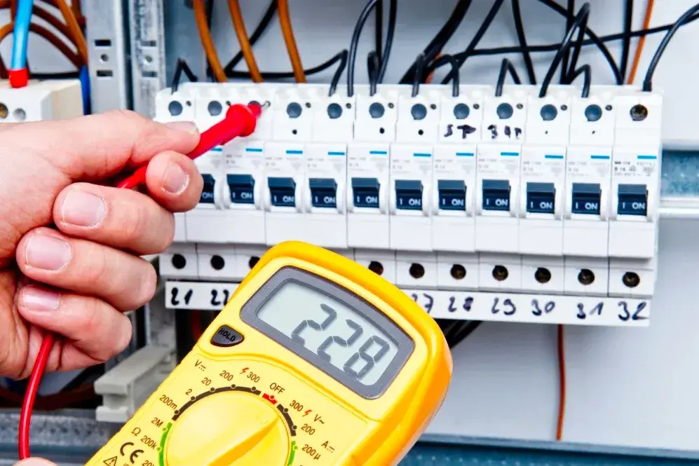 Electrician testing breakers with a multimeter during a panel repair in Gastonia, NC Electrician testing breakers with a multimeter during a panel repair in Gastonia, NC